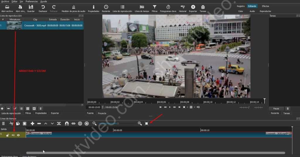 Recortar vídeo en Shotcut, paso 1, arrastrar clip a la línea de tiempo