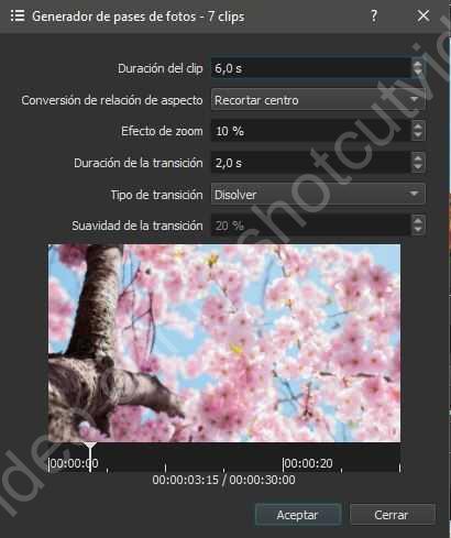 Opciones del generador de pases de fotos