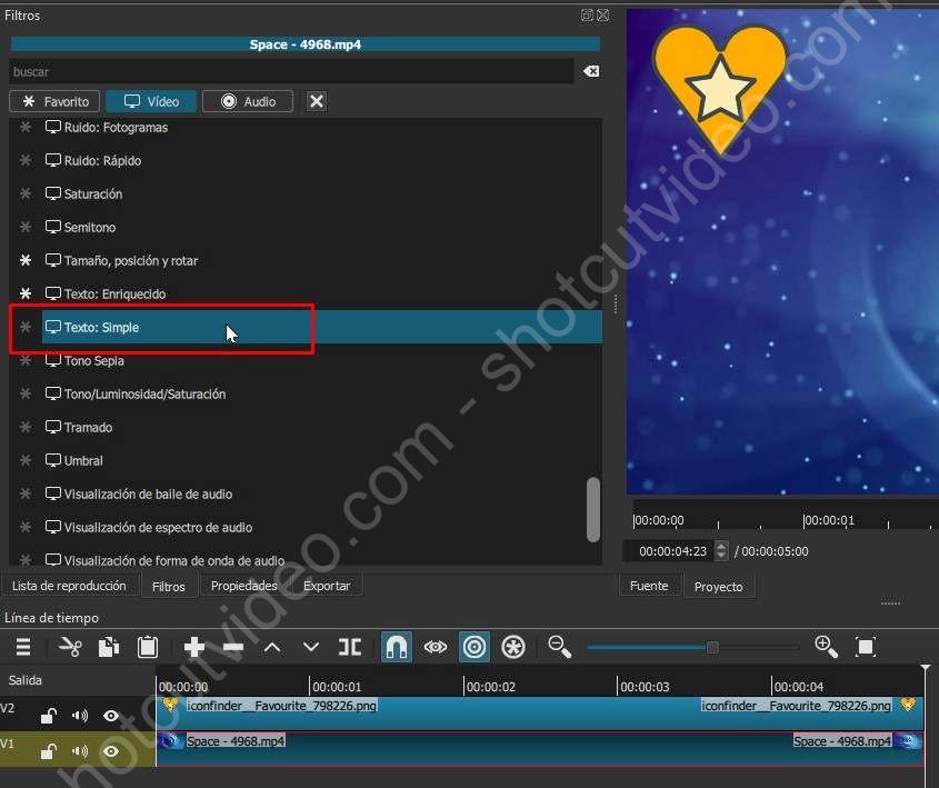 Filtro de texto en Shotcut